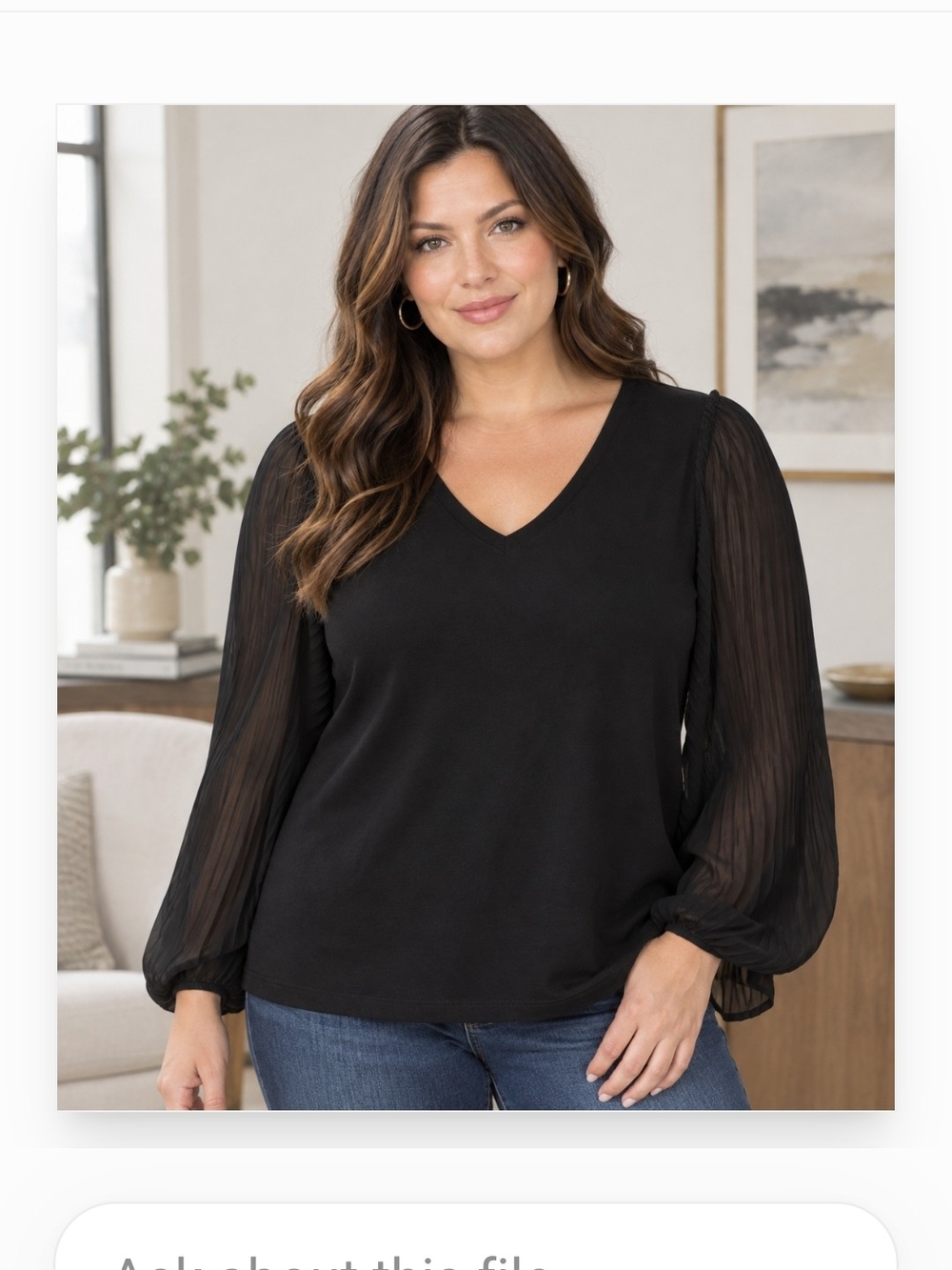 Chico's Pleated Billow 3/4 Semi Sheer Chiffon Sleeve V-neck Top In Black